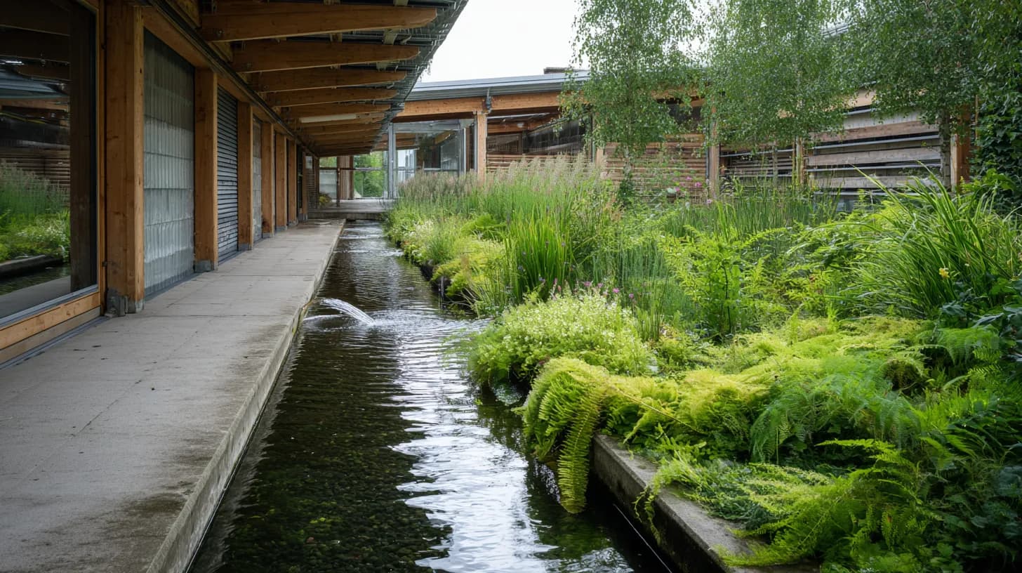 Edificio comercial con grandes cubiertas — el agua como tema de costes y cumplimiento