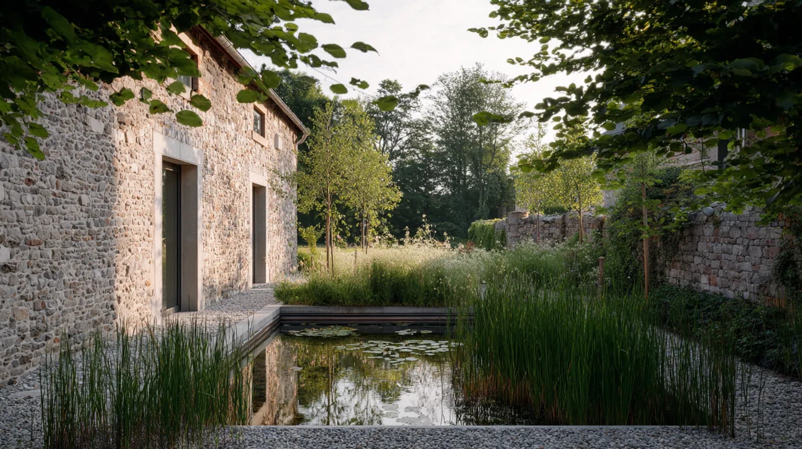Natural pond at a converted farmstead — landscaping project with engineering-grade planning