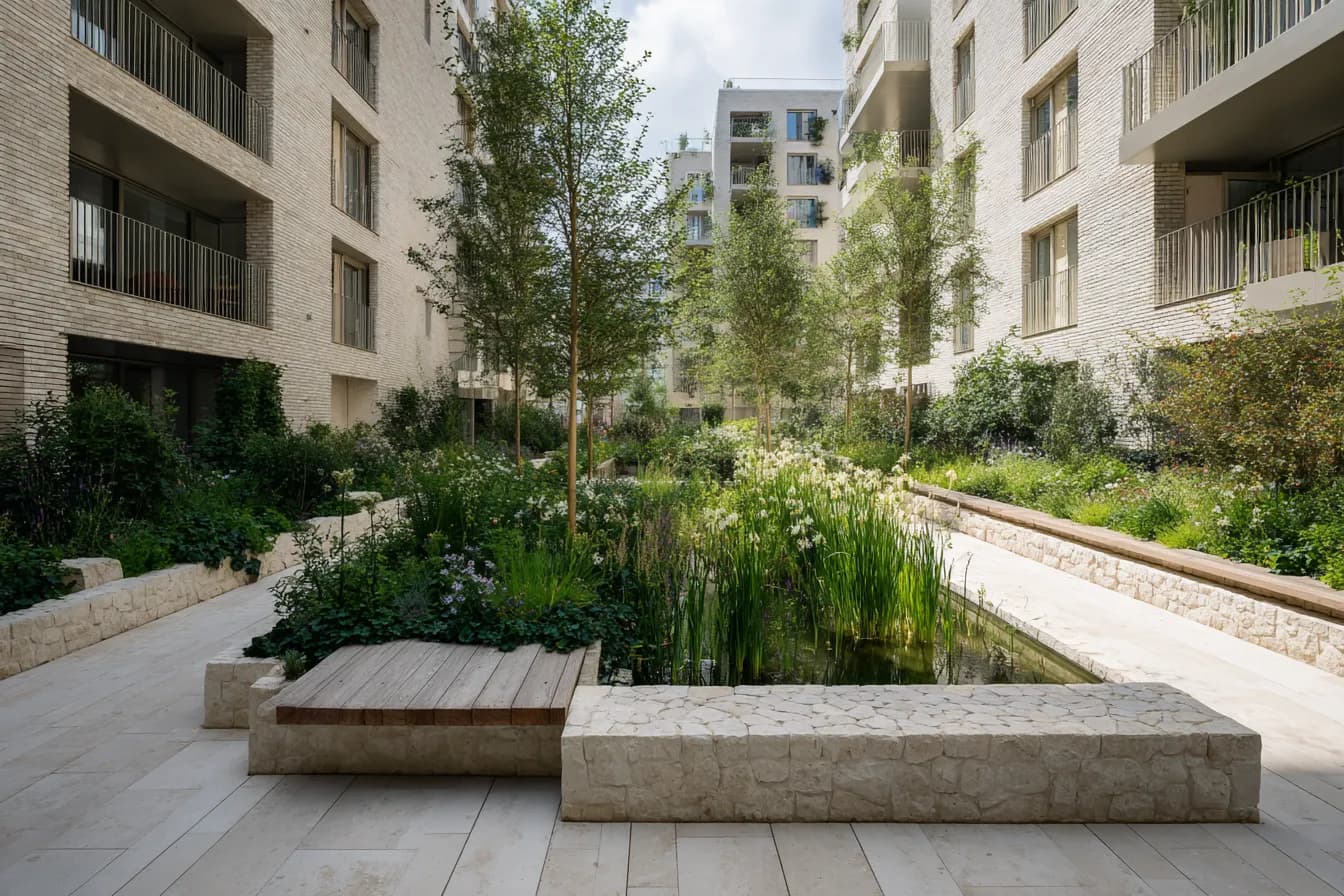 Innenhof eines Wohnquartiers mit gestaltetem Regenwassergarten — Wasserbewirtschaftung als Teil der Architektur