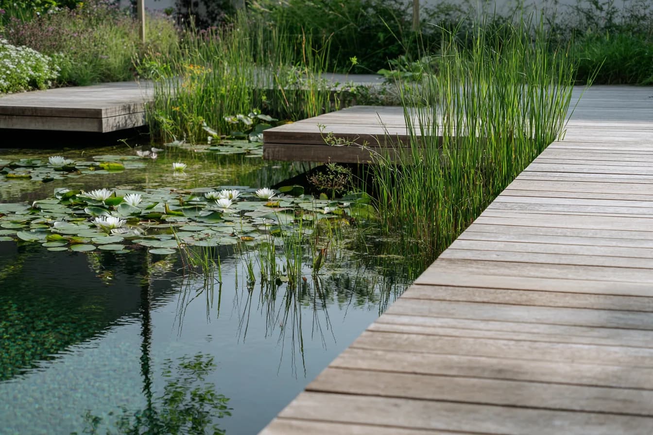 Natural pool with clear water, timber deck and planted regeneration zone — water treatment without chemicals