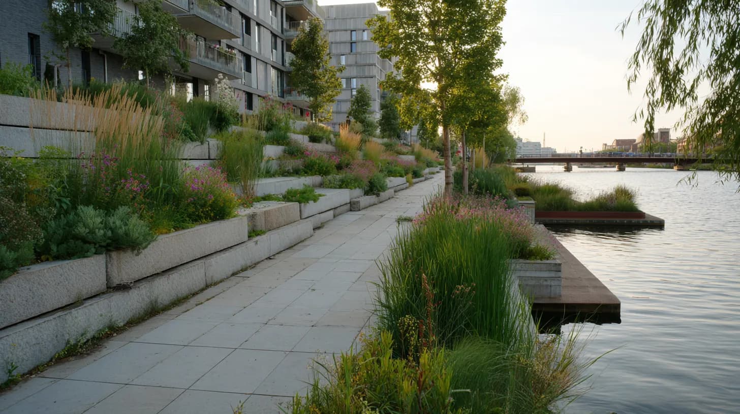 Uferpromenade an einem renaturierten innerstädtischen Gewässer