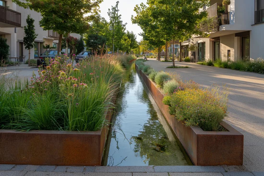 Bioswale urbano a lo largo de una calle residencial — canal de plantación con infiltración según DWA-A 138-1