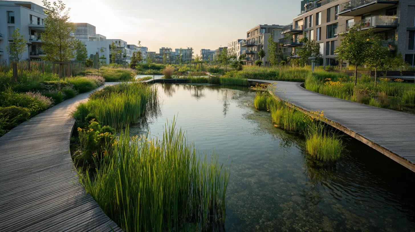 Urbaner Feuchtbiotop-Park in einem Stadtquartier — Regenwasserrückhalt als öffentlicher Raum